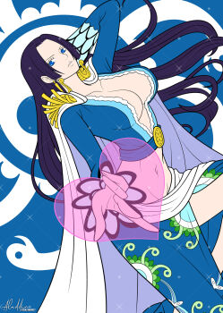 1girl aladdin_(ala21ddin21) black_hair blue_eyes blue_shirt blue_skirt boa_hancock breasts cleavage commentary commission earrings floating_hair heart highres jewelry kuja_pirates_jolly_roger long_hair long_sleeves midriff navel one_piece shirt sidelocks skirt snake_earrings solo