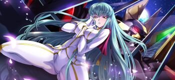 1girl artist_request between_breasts big_hair blush breasts c.c. code_geass code_geass:_lost_stories female_focus floating_hair full_moon game_cg gawain_(code_geass) glint gloves glowing glowing_eyes gold_trim green_hair half-closed_eyes hand_between_breasts hand_on_own_face hands_up happy head_tilt highres jacket kneeling light_blush long_hair long_sleeves looking_at_viewer mecha medium_breasts moon night non-web_source official_art outdoors pale_skin pants parted_lips red_eyes robot sidelocks skin_tight smile solo spread_legs star_(sky) teeth very_long_hair white_gloves white_jacket white_pants yellow_eyes