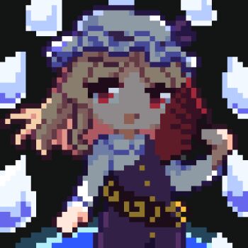 Rule 34 | 1girl, black background, blonde hair, commentary request, dress, earth (planet), folding fan, fossilized wonders, hand fan, hat, holding, holding fan, looking at viewer, lowres, mob cap, pixel art, planet, poropo1133, purple dress, red eyes, shirt, solo, space, touhou, upper body, watatsuki no toyohime, white hat, white shirt