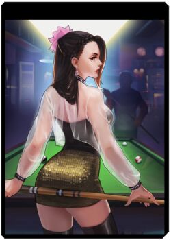 1girl ass black_eyes black_hair braid breasts dress earrings female_focus flower hair_flower hair_ornament jewelry large_breasts long_hair long_sleeves looking_at_viewer looking_back lotus luong mole mole_under_eye pale_skin pool pool_table see-through_clothes shiny_clothes skirt staff standing table the_king_of_fighters thighs