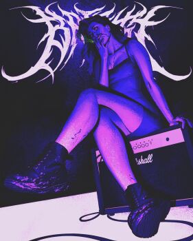 1girl absurdres amplifier black_dress black_hair ultraviolet_light blood blood_on_chest blood_on_face blood_on_shoes boots cigarette crossed_legs dress highres holding holding_cigarette lady_santos mouth_hold original purple_skirt short_dress sitting skirt smoke solo ultraviolet_light