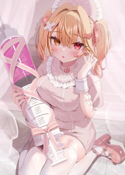 1girl alternate_costume bandaged_hand bandages blonde_hair blush breasts commentary cross_hair_ornament dress hair_intakes hair_ornament hat heart heart_hair_ornament highres holding holding_syringe hoshikawa_sara hospital_gown large_breasts large_syringe long_hair looking_at_viewer namagome_negi nijisanji nurse nurse_cap open_mouth oversized_object pink_dress pink_highheels pink_shoes red_eyes shoes solo symbol-only_commentary syringe thighhighs twintails virtual_youtuber white_thighhighs yellow_eyes