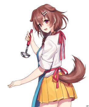 Rule 34 | 1girl, absurdres, animal ears, apron, artist name, blue apron, bone hair ornament, breasts, brown eyes, brown hair, clothing cutout, commentary request, cowboy shot, dated, dog ears, dog girl, dog tail, double-parted bangs, extra ears, from behind, from side, hair between eyes, hair ornament, hairclip, highres, holding, holding ladle, hololive, inugami korone, ladle, long hair, long sleeves, looking at viewer, medium breasts, miniskirt, nail polish, open mouth, parallel hairclips, pleated skirt, raised eyebrows, shirt, signature, simple background, skirt, sleeves rolled up, smile, solo, tail, tail through clothes, transparent background, traveler (artbbt), virtual youtuber, white shirt, yellow nails, yellow skirt