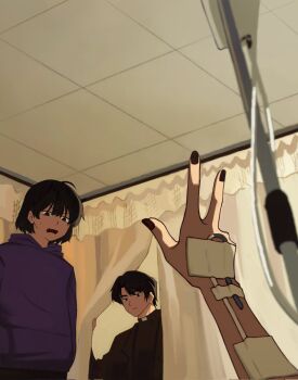1boy 1girl 1other bandaid bandaid_on_hand black_coat black_eyes black_hair black_nails black_shirt bob_cut ceiling coat curtains han_sooyoung hand_up highres hood hood_down hoodie hospital indoors intravenous_drip kim_dokja looking_at_viewer omniscient_reader&#039;s_viewpoint pov pov_hands purple_hoodie shirt short_hair tile_ceiling tiles verralynn worried yoo_joonghyuk