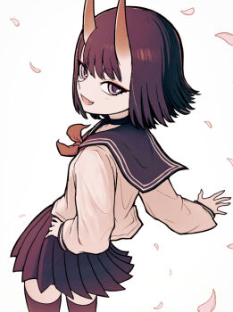 1girl choker fang fate/grand_order fate_(series) horns looking_at_viewer oni open_mouth petals purple_eyes purple_hair school_uniform serafuku short_hair shuten_douji_(fate) skin-covered_horns skirt smile solo thighhighs ttmt wind zettai_ryouiki