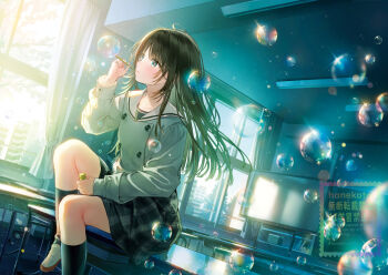 1girl black_hair black_socks blowing_bubbles bubble classroom commentary_request curtains desk dutch_angle floating_hair hanekoto kneehighs leg_up on_desk original plaid_clothes plaid_skirt sailor_collar school_desk school_uniform serafuku shoes sitting skirt socks solo twitter_username uwabaki white_sailor_collar window