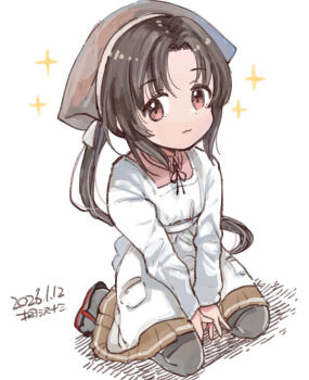 1girl apron artist_name bandana black_hair brown_bandana brown_eyes collared_shirt dated grey_thighhighs highres kantai_collection kappougi kirisawa_juuzou nankai_(kancolle) nosaki_(kancolle) pink_shirt ponytail shirt simple_background sitting solo sparkle thighhighs wariza white_background