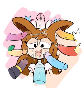 1girl 6+boys artist_request brown_hair bukkake candyevie colored_skin cum disembodied_penis dress eevee electricity espeon fellatio fire flareon gen_1_pokemon gen_2_pokemon gen_4_pokemon gen_6_pokemon glaceon ice jolteon kemonomimi_mode large_penis leaf leafeon long_hair multiple_boys nintendo oral penis pokemon pokephilia raised_eyebrow solo surrounded_by_penises sylveon thinking umbreon uncensored vaporeon water white_background white_skin