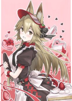 Rule 34 | 1girl, absurdres, animal ear fluff, animal ears, arknights, black dress, blonde hair, box, breeze (arknights), breeze (half-sweet strawberry) (arknights), commentary request, dress, food, fox ears, fox girl, fruit, heart, heart-shaped box, highres, holding, long hair, looking at viewer, official alternate costume, parted lips, puffy short sleeves, puffy sleeves, red visor, semi colon, short sleeves, smile, solo, strawberry, visor cap
