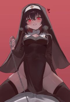 1girl 1other absurdres black_dress black_hair black_thighhighs black_veil blush breasts chain check_copyright cleavage cleavage_cutout clothing_cutout copyright_request covered_navel dress girl_on_top grin hair_between_eyes heart heavy_breathing highres holding hwaran_(i_killed_an_academy_player) i_killed_an_academy_player long_sleeves looking_at_viewer medium_breasts medium_hair nbee_ya no_panties nun pelvic_curtain pov red_background red_eyes skindentation smile solo_focus spread_legs sweat thighhighs thighs veil