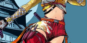 1girl blue_background commentary_request cropped jbstyle kunai kunimitsu_ii navel ninja red_shorts red_thighhighs shorts solo tekken tekken_8 thighhighs weapon white_shorts yellow_shorts