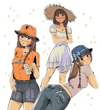 1girl absurdres blue_eyes braid bucket_hat cowboy_shot denim denim_shorts dress flower flower_necklace hat heidi_(heytherenrds) highres jeans jewelry long_hair multiple_views necklace original pants shorts side_braid standing straw_hat white_background white_dress