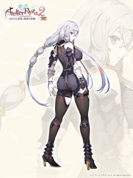 1girl artist_request ass atelier_(series) atelier_ryza atelier_ryza_2 bare_shoulders black_dress black_pantyhose breasts dress from_behind grey_hair high_heels highres large_breasts lila_decyrus long_hair looking_at_viewer microdress official_art pantyhose solo_focus zoom_layer