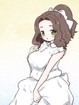 1girl blush_stickers bow breasts brown_hair collared_dress cowboy_shot dress forehead gradient_background green_eyes hair_bow hand_up highres large_breasts long_hair looking_at_viewer olto_rondo original parted_lips pointing pointing_at_self sleeveless sleeveless_dress solo tareme white_bow white_dress yellow_background