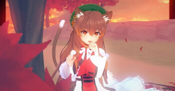 1girl 3d :d animal_ear_fluff animal_ears breasts brown_eyes brown_hair cat_ears cat_tail chen commentary_request dress earrings fangs foul_detective_satori green_hat hair_between_eyes hand_on_own_chin hands_up hat jewelry large_breasts long_hair looking_at_viewer lorraine_pucci mob_cap nail_polish open_mouth outdoors red_nails smile solo tabard tail touhou tree twilight upper_body white_dress