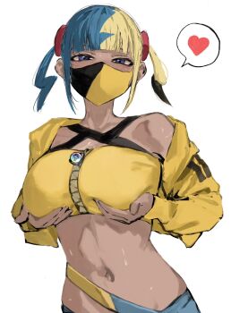 1girl bandeau black_mask blonde_hair blue_eyes blue_hair breast_lift breasts canari_(pokemon) dark-skinned_female dark_skin heart highres jacket large_breasts looking_at_viewer mask mega_stone mouth_mask multicolored_hair navel nintendo pokemon pokemon_legends:_z-a raberu_ruru short_twintails simple_background solo split-color_hair spoken_heart twintails two-tone_hair two-tone_mask upper_body white_background yellow_bandeau yellow_jacket yellow_mask