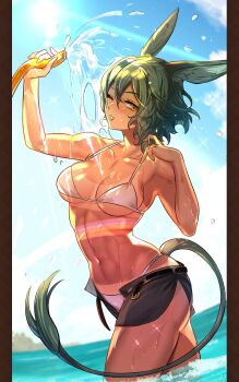 absurdres animal_ears bikini bikini_bottom epona_(isekai:_slow_life) green_hair highres horse_ears horse_girl horse_tail isekai:_slow_life splashing sweat swimsuit tail water_hose yellow_eyes