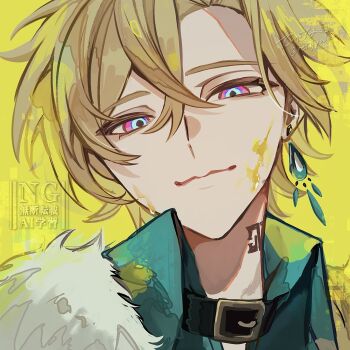 Rule 34 | 1boy, aventurine (honkai: star rail), blonde hair, blue eyes, closed mouth, collared shirt, commentary request, crossed bangs, earrings, fur trim, gem, hair between eyes, hair intakes, highres, honkai: star rail, honkai (series), jewelry, looking at viewer, male focus, multicolored eyes, neck tattoo, pink eyes, retujyooo, shirt, short hair, single earring, solo, tattoo, watermark, yellow background