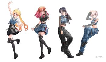 4girls :d ahoge arm_up black_boots black_hair black_pants black_shirt black_shoes blonde_hair blue_eyes blue_jacket blue_pants blue_shirt blunt_bangs boots braid brown_eyes cargo_pants closed_mouth colored_inner_hair commentary_request copyright_name crop_top cropped_jacket cropped_shirt denim denim_jacket earrings fortissimo full_body glasses gradient_hair grey_hair hair_ornament hair_rings hairband hairclip highres hololive hololive_dev_is ichijou_ririka ichijou_ririka_(flashpoint) jacket jewelry juufuutei_raden juufuutei_raden_(flashpoint) kurohal long_hair looking_at_viewer low_twintails multicolored_hair multiple_girls musical_note musical_note_hair_ornament official_alternate_costume official_alternate_hairstyle official_art open_mouth orange_eyes orange_hair otonose_kanade otonose_kanade_(flashpoint) pants pink_hair plant platform_boots purple_eyes purple_hair regloss_(hololive) shirt shoes short-sleeved_jacket short_hair short_sleeves side_braid single_hair_ring sleeveless sleeveless_shirt smile standing streaked_hair swept_bangs t-shirt thigh_boots todoroki_hajime todoroki_hajime_(flashpoint) twintails two-tone_hair virtual_youtuber waving white_hairband white_shirt