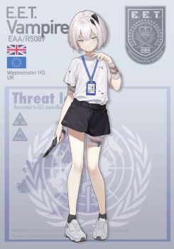 1girl absurdres ankle_socks bandaged_arm bandaged_leg bandages biohazard_symbol black_shorts black_socks blood blood_on_clothes bloody_bandages brand_name_imitation character_name child clothes_writing commentary dated english_commentary english_text european_union_flag fingernails frown full_body gradient_background grey_background grey_eyes grey_hair hair_ornament hand_up heterochromia highres holding holding_knife id_card jerry_wang knife lanyard nike_(company) open_mouth original paperclip pink_eyes shirt shoes short_hair shorts sign signature simple_background sneakers socks solo standing teeth union_jack united_kingdom warning_sign white_hair white_shirt white_shoes
