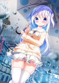1girl :o blue_eyes blue_hair blue_ribbon blush brown_cardigan building cardigan child chinomaron cloud cloudy_sky commentary_request gochuumon_wa_usagi_desu_ka? hair_between_eyes hair_ornament highres holding holding_umbrella kafuu_chino lamppost long_hair long_sleeves looking_at_viewer neck_ribbon outdoors parted_lips pleated_skirt puffy_long_sleeves puffy_sleeves rain ribbon sailor_collar school_uniform serafuku signature sitting_on_water skindentation skirt sky solo thighhighs two_side_up umbrella very_long_hair watermark white_sailor_collar white_skirt white_thighhighs window x_hair_ornament
