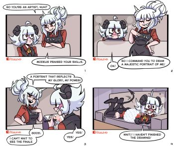 2girls 4koma bdsm bondage bound chain comic couch english_text heavy_breathing helltaker highres horns lucifer_(helltaker) lying multiple_girls on_stomach original osu_(osulan) osulan painting_(action) red_eyes speech_bubble stitched tail third-party_edit white_hair