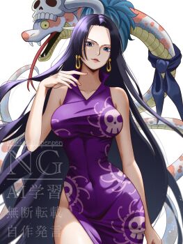 1girl black_hair blue_eyes boa_hancock closed_mouth commentary cowboy_shot dress earrings forked_tongue high_collar highres jewelry kuja_pirates_jolly_roger long_hair looking_at_viewer neckerchief one_piece purple_dress sakusakupenpen salome_(one_piece) side_slit simple_background skull sleeveless sleeveless_dress snake snake_earrings tongue white_background