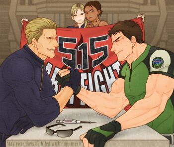 2boys 2girls albert_wesker arm_wrestling black_gloves black_hair blonde_hair chris_redfield closed_eyes fingerless_gloves gloves jill_valentine multiple_boys multiple_girls muscular red_eyes resident_evil resident_evil_5 sheva_alomar smile smirk sunglasses tagme unworn_eyewear waki_michi