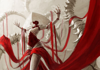 1girl commentary elesh_norn exposed_muscle long_fingers magic:_the_gathering menka_(menka_wata) monster_girl no_eyes phyrexian red_sash sash solo spine walking