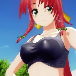 1girl 3d animated bouncing_breasts breasts cleavage covered_erect_nipples green_eyes hands_on_own_hips hong_meiling jumping large_breasts looking_at_viewer midriff mofumoko5 red_hair smile solo sports_bra thighs touhou upper_body video