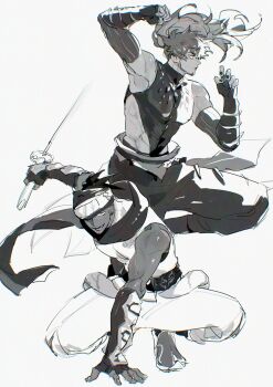 2boys beard commentary compression_shirt facial_hair forehead_protector full_body greyscale highres holding holding_sword holding_weapon katana leon_(pokemon) leon_(sygna_suit)_(pokemon) looking_at_viewer male_focus monochrome multiple_boys nintendo official_alternate_costume opnune pokemon pokemon_masters_ex raihan_(new_year's_2025)_(pokemon) raihan_(pokemon) scarf sword symbol-only_commentary weapon