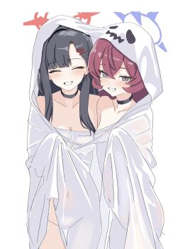 2girls bed_sheet black_choker black_hair blue_archive breasts choker closed_eyes covered_navel fluffy_hair ghost_costume grey_eyes hair_ornament hairclip halloween halloween_costume halo highres ichika_(blue_archive) iroha_(blue_archive) kamitosayu long_hair looking_at_viewer multiple_girls naked_costume naked_sheet red_hair red_halo see-through_silhouette shared_clothes sheet_ghost simple_background smile white_background