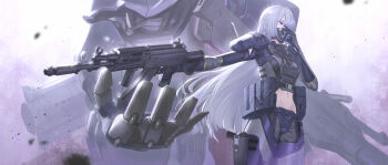 1girl absurdres ak-15 ak-15_(girls'_frontline) armor assault_rifle black_pants black_shirt blunt_bangs braid breasts buckle bulletproof_vest commentary covered_mouth crop_top exoskeleton girls'_frontline girls'_frontline_2:_exilium gloves grey_hair groin gun hair_between_eyes hair_over_one_eye handgun highres holding holding_gun holding_weapon holster holstered kalashnikov_rifle large_breasts long_hair magazine_(weapon) mask midriff mouth_mask navel pants pouch purple_eyes red_pupils rifle robot shirt shoulder_armor sidelocks snap-fit_buckle solo_focus standing tactical_clothes thigh_armor thigh_holster voymastina_(girls'_frontline_2) weapon yakupan