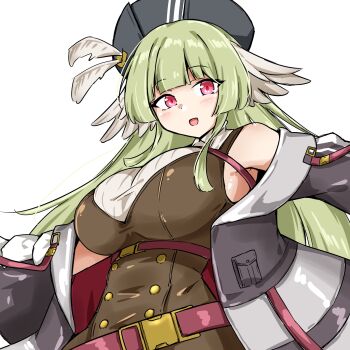 1girl absurdres arknights breasts feathers green_hair hashtag-only_commentary hat hat_feather highres jacket large_breasts long_hair pink_eyes pocket poncirus_(arknights) white_background xibu_cai