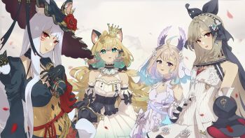 4girls ahoge animal_ears aqua_hair black_corset black_dress black_gloves black_headwear blonde_hair blue_hair bob_cut breasts cat_ears cleavage corset crown darkgreyclouds dress ears_through_headwear elbow_gloves enna_alouette enna_alouette_(anniversary_dress) ethyria eyeliner eyeshadow facial_mark flat_chest flower forehead_mark fox_ears fox_tail gloves gradient_hair green_eyes grey_hair hair_flower hair_ornament hairband hat head_wings light_blue_hair long_hair looking_at_viewer makeup medium_breasts millie_parfait millie_parfait_(anniversary_dress) multicolored_hair multiple_girls nijisanji nijisanji_en nina_kosaka nina_kosaka_(anniversary_dress) official_alternate_costume official_alternate_hairstyle pink_hair purple_dress purple_eyes purple_wings red_eyeliner red_eyes red_eyeshadow reimu_endou reimu_endou_(anniversary_dress) short_hair small_breasts sun_hat tail upper_body veil very_long_hair virtual_youtuber white_dress white_flower white_hair wings