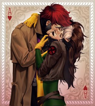 1boy 1girl ace_(playing_card) ace_of_hearts belt black_gloves black_lips black_mask bodysuit brown_belt brown_coat brown_hair card closed_eyes closed_mouth coat commentary gambit gloves gradient_background green_bodysuit head_tilt heart highres holding_another's_hair holding_hands hug jacket kiss light_smile long_hair looking_at_another looking_to_the_side marvel mask multicolored_bodysuit multicolored_hair myotisep playing_card red_hair rogue_(x-men) short-sleeved_jacket short_hair short_sleeves signature the_kiss two-tone_bodysuit two-tone_hair untranslatable_commentary white_hair x-men yellow_bodysuit yellow_gloves