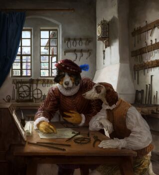 2boys absurdres chisel clamp_(tool) clock curtains dog_boy file_(tool) furry gears hacksaw highres inkwell multiple_boys original pendulum pendulum_clock pliers quill saw shadow stool sunlight table whaleoil window wooden_table