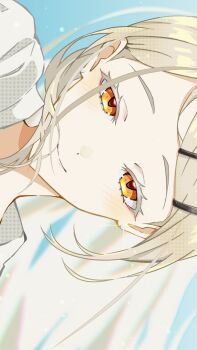 1girl blonde_hair blue_background blush closed_mouth diffraction_spikes earrings floating_hair gakuen_idolmaster hair_ornament hairclip hashtag-only_commentary highres idolmaster jewelry long_hair looking_at_viewer orange_eyes parallel_hairclips portrait shinosawa_hiro shirt sideways smile solo stud_earrings un1rock white_shirt