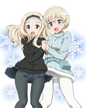 2girls aleksandra_i._pokryshkin belt black_jacket black_pantyhose black_skirt blonde_hair blue_eyes blue_sweater brave_witches cameltoe gluteal_fold hairband highres hug jacket kaneko_(novram58) long_hair military military_uniform multiple_girls nikka_edvardine_katajainen open_mouth pantyhose short_hair skirt snowflakes standing sweater turtleneck turtleneck_sweater white_pantyhose world_witches_series