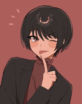 1girl ;p black_hair black_jacket blush blush_stickers brown_eyes commentary_request eyelashes finger_to_own_chin fingernails highres jacket koucha_(pankeki_koucha) kuromitsu_hana_(koucha) long_sleeves nail_polish one_eye_closed open_clothes open_jacket original raised_eyebrow red_background red_nails red_shirt shirt short_hair simple_background solo tomboy tongue tongue_out turtleneck very_short_hair