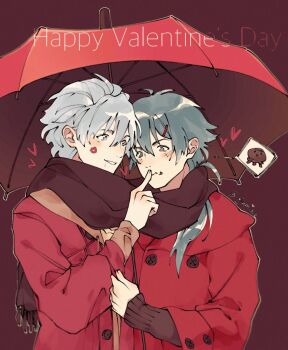 Rule 34 | 2boys, blue hair, blush, clear (dramatical murder), commentary, dramatical murder, english commentary, english text, hair between eyes, hair ornament, hairclip, hand on another's mouth, happy valentine, holding, holding umbrella, jacket, long hair, male focus, mole, multiple boys, nitro+ chiral, red jacket, red umbrella, scarf, seragaki aoba, short hair, smile, umbrella, white hair, yaoi, yumiole d