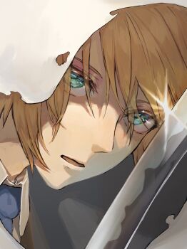 Rule 34 | 1boy, blonde hair, cloak, close-up, collared shirt, commentary, green eyes, hair between eyes, highres, holding, holding sword, holding weapon, hood, hooded cloak, looking at viewer, male focus, necktie, open mouth, portrait, serious, shirt, short hair, solo, sparkle, sword, touken ranbu, weapon, yamamoto dalmet, yamanbagiri kunihiro