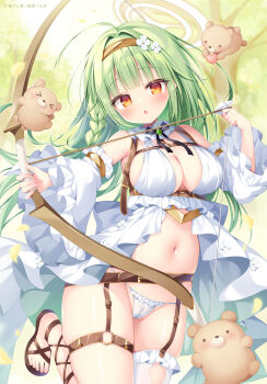 Rule 34 | 1girl, :o, absurdres, ahoge, ankle lace-up, arrow (projectile), bare shoulders, blunt bangs, blush, bow (weapon), braid, breasts, brown sandals, cameltoe, commentary request, cowboy shot, detached sleeves, dress, flower, frilled panties, frilled thighhighs, frills, green hair, hair flower, hair intakes, hair ornament, hairband, halo, highres, holding, holding bow (weapon), holding weapon, kirimiya tsurugi, large breasts, long hair, long sleeves, looking at viewer, navel, o-ring, o-ring thigh strap, open mouth, original, panties, sandals, single braid, single thighhigh, sleeveless, sleeveless dress, solo, thigh strap, thighhighs, toes, underwear, weapon, white dress, white panties, white sleeves, white thighhighs, wide sleeves, yellow hairband