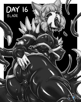 1girl alternate_color alternate_costume alternate_eye_color animal_ears ass black_lips black_tongue breasts cat_ears cat_girl cleavage commentary corruption crossover english_commentary english_text fangs fusion greyscale happy highres large_breasts lips lipstick looking_at_viewer looking_back lying makeup marvel monochrome monolith_soft nia_(xenoblade) nipples on_side parasite parted_lips possessed possession saliva short_hair slime_(substance) smile spacen'cakes spider-man_(series) symbiote tendril tongue tongue_out venom_(marvel) xeno_(series) xenoblade_chronicles_(series) xenoblade_chronicles_2