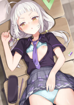 1girl ahoge arou_(arrow_x666) black_shirt blue_bra blue_panties blush bra bra_lift braid clothes_lift collared_shirt desk eraser fingernails flat_chest grey_hair hair_ornament highres hololive lifting_own_clothes long_hair looking_to_the_side low_twintails lying miniskirt murasaki_shion murasaki_shion_(school_uniform) necktie nipples on_back on_desk open_clothes open_mouth open_shirt panties pen pencil_case plaid_clothes plaid_skirt pleated_skirt purple_necktie purple_skirt ruler shirt short_bangs sidelocks single_braid sitting skirt smile smug solo star_(symbol) star_hair_ornament twintails underwear v-shaped_eyebrows virtual_youtuber yellow_eyes