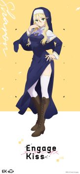 Rule 34 | 1girl, blonde hair, blue dress, blue skirt, blue veil, boots, breasts, brown boots, capelet, closed mouth, collared capelet, dot nose, dress, engage kiss, english text, female focus, full body, garter belt, garter straps, gold necklace, green eyes, hand on own hip, highres, jewelry, kneehighs, lace-up boots, large breasts, legs, long hair, long skirt, long sleeves, looking at viewer, neckerchief, necklace, nun, purple neckerchief, sexually suggestive, sharon holygrail, skirt, smile, socks, solo, thighhighs, thighs, veil, white capelet, white garter belt, white garter straps, white thighhighs, yellow background