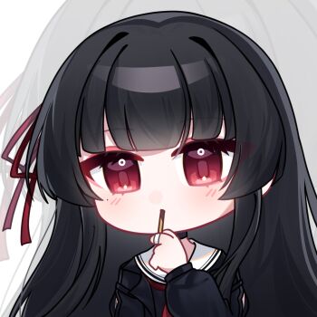 1girl black_hair black_jacket chibi chibi_only chinese_commentary chisa_(wuthering_waves) commentary_request food food_in_mouth hair_ribbon highres jacket long_hair looking_at_viewer mole mole_under_eye pocky pocky_in_mouth red_eyes red_ribbon ribbon sailor_collar solo upper_body white_sailor_collar wo_xin_kong_wu_yi_wu wuthering_waves zoom_layer