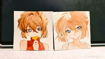 Rule 34 | 1girl, absurdres, bare shoulders, bisho imobing hito, blue eyes, brown hair, closed mouth, collarbone, commentary, expressionless, flower, ginkgo leaf, haibara ai, hair flower, hair ornament, highres, holding, holding leaf, leaf, meitantei conan, multiple views, painting (medium), photo (medium), red shirt, shirt, short hair, traditional media, untranslatable commentary, watercolor (medium)