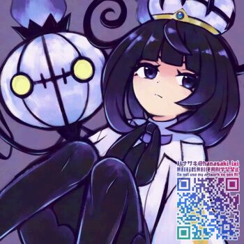 1girl black_dress black_hair black_pantyhose blunt_bangs bob_cut chandelure closed_mouth coat dress gen_5_pokemon gradient_hair gwynn_(pokemon) hanasaki_(1470267) hat long_sleeves looking_at_viewer multicolored_hair nintendo pantyhose pokemon pokemon_(creature) pokemon_legends:_z-a purple_background purple_eyes purple_hair qr_code short_hair white_coat