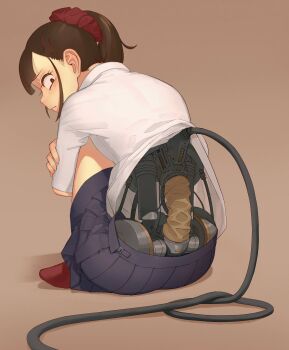 1girl android annoyed blue_skirt brown_background brown_hair hair_ornament hair_scrunchie hairclip highres light_brown_background mecha-jk mechabare medium_hair meikaa miniskirt on_floor plug ponytail recharging school_uniform scrunchie shirt skirt socks white_shirt wiring